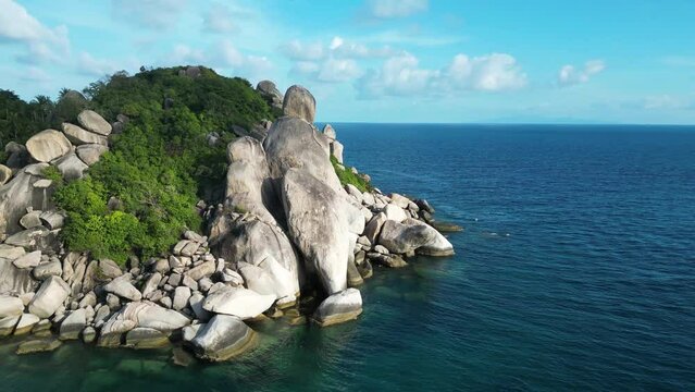 Aerial view of Chalok Baan Kao bay granite coast line on the island of Ko Tao, Thailand.