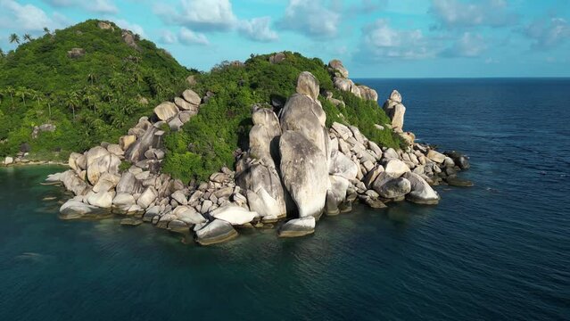 Aerial view of Chalok Baan Kao bay granite coast line on the island of Ko Tao, Thailand.