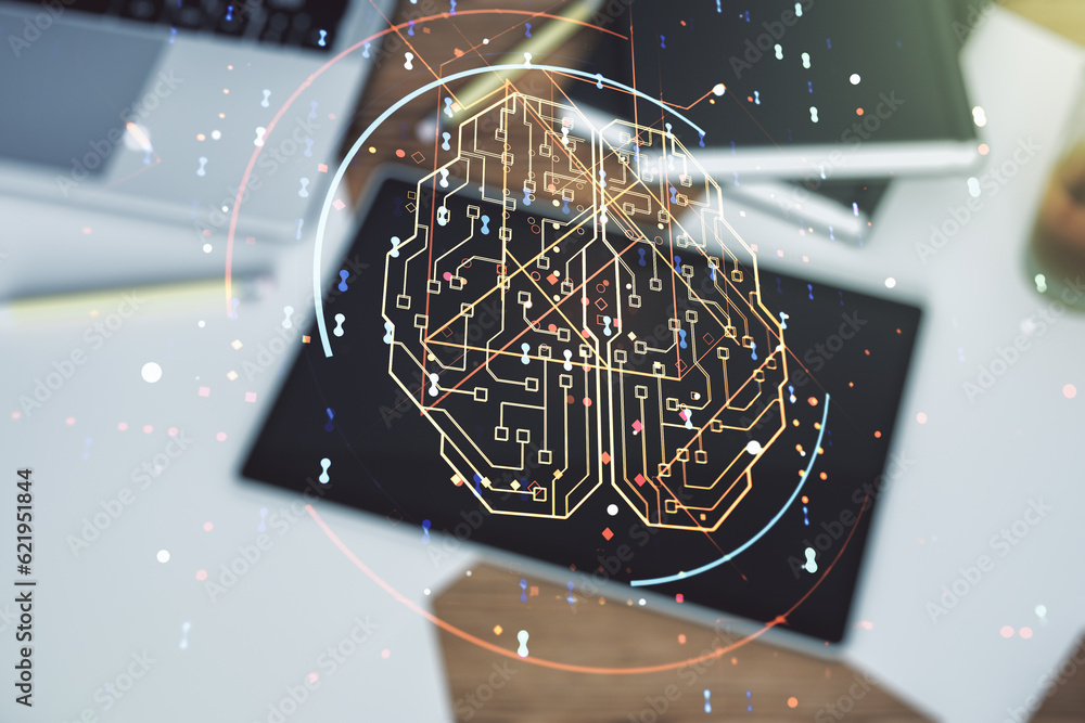 Poster double exposure of creative artificial intelligence symbol and digital tablet on background, top vie