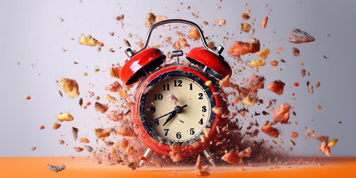 Exploding alarm clock on white background, concept of Time management, created with Generative AI technology