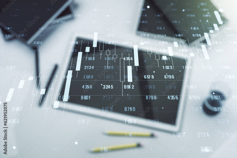 Poster Double exposure of abstract creative statistics data hologram and digital tablet on background, top view, statistics and analytics concept