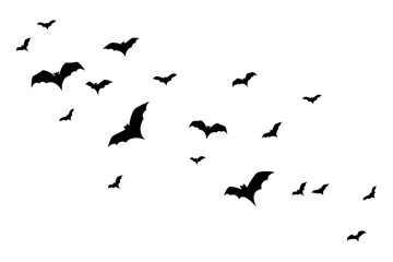Group of flying black bats for Halloween decoration. Isolated vector and PNG on transparent background. - obrazy, fototapety, plakaty