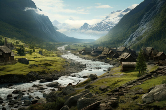 Green mountain valley with river. Beautiful landscape with village and fjords. Created with Generative AI