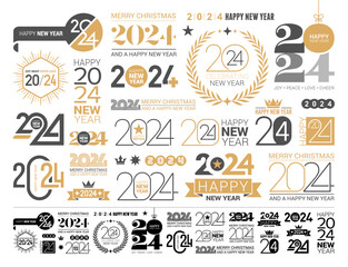 Big Set of 2024 number design template in Gold and Black Colors. 2024 Happy New Year Luxury Logo Text Designs. Collection of Christmas anf 2024 Happy New Year Concepts.