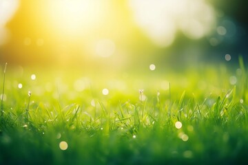 Radiant Spring Bright Grass Field with Sunlight Bokeh Background. Generative AI
