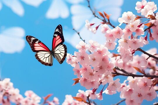 Sakura Blooms Blossoming Sakura and Bright Blue Morpho Butterfly. Generative AI