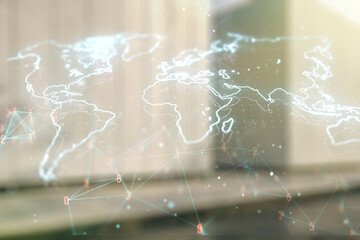 Abstract creative world map interface on blurry modern office building background, international trading concept. Multiexposure
