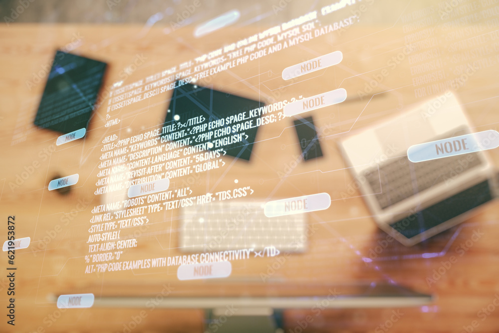 Leinwandbilder Double exposure of abstract creative programming illustration on computer background, big data and blockchain concept