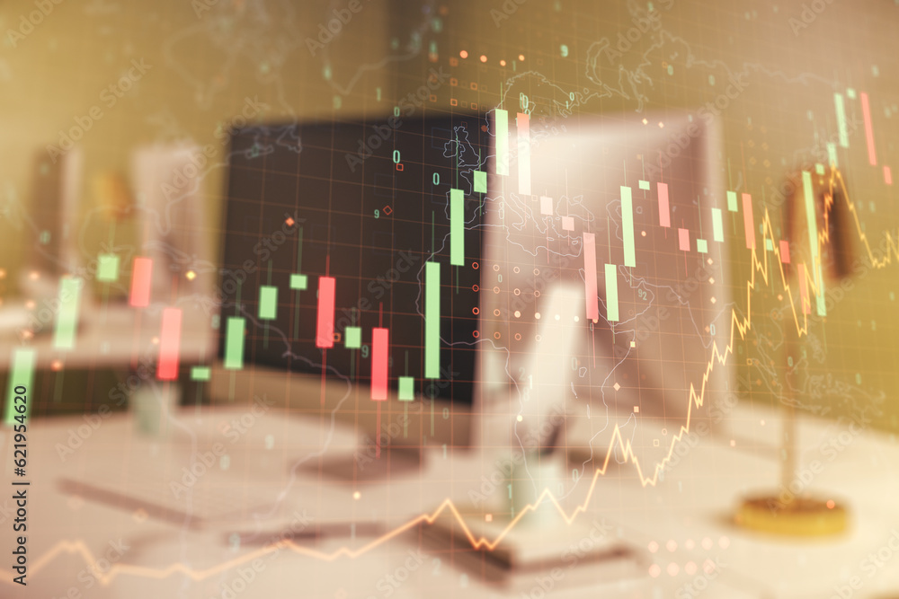 Aufkleber multi exposure of abstract financial graph with world map on modern computer background, financial a