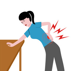 Woman in blue shirt is back pain cartoon vector.