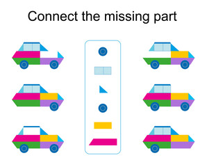 Connect the missing part. Task for the development of attention and logic. Vector illustration of the cartoon car.