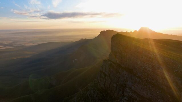 Aerial view of Bluff Knoll mountain range landscape at sunset in Western Australia, Australia.