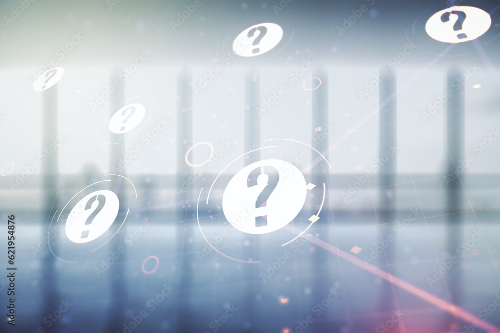 Aufkleber double exposure of abstract virtual question mark hologram on empty modern office background. sociol