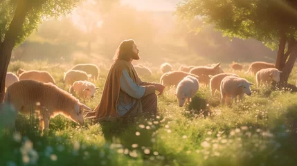 Fototapeten Shepherd Jesus Christ leading the sheep and praying to God and in the field bright sunlight © Salsabila Ariadina