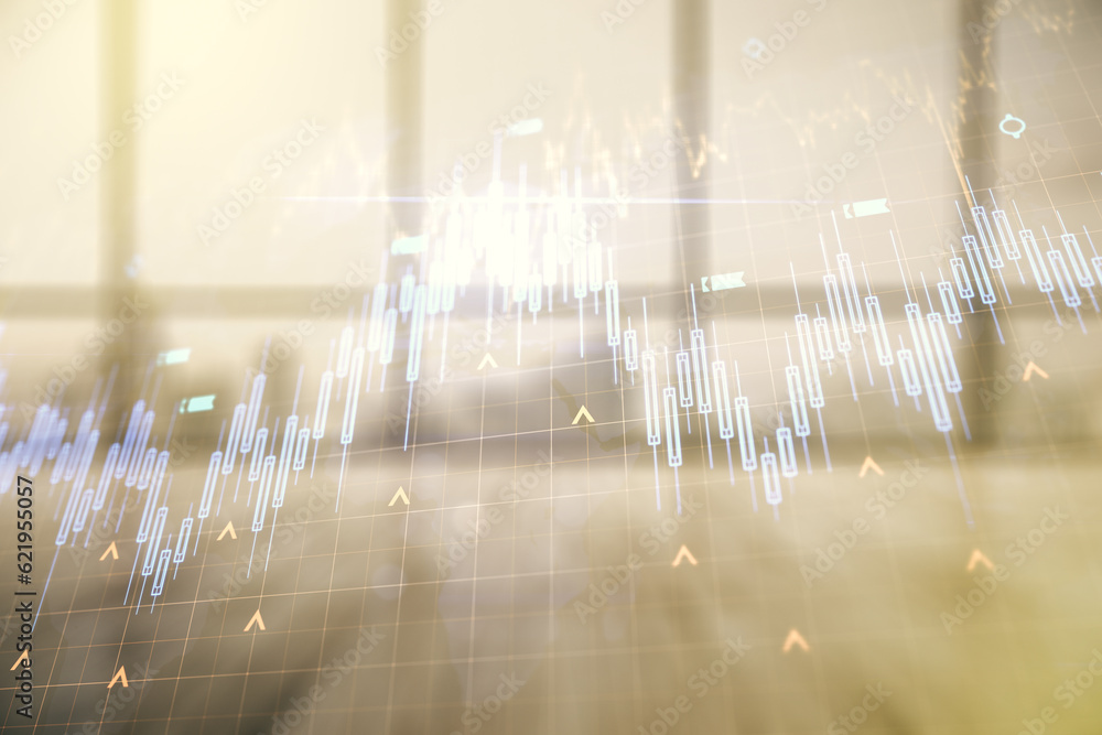 Poster multi exposure of virtual abstract financial chart hologram and world map on empty modern office bac