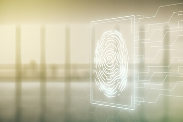Double exposure of virtual creative fingerprint hologram on empty room interior background, protection of personal information concept