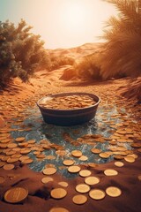 Moneda bitcoin en desierto. Mercado financiero criptomoneda. Economía mundial.