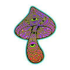 Magic Mushrooms. psychedelic Vector illustration. Zen art. Decorative neon mushrooms, hippie, hallucination psilocybin 60s 70s