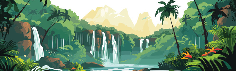 Fototapeta lush rainforest with waterfall vector simple 3d isolated illustration obraz