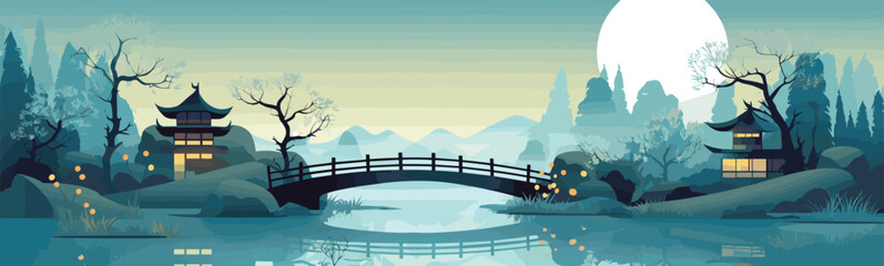 Fototapeta na wymiar peaceful Japanese garden with koi pond vector isolated illustration
