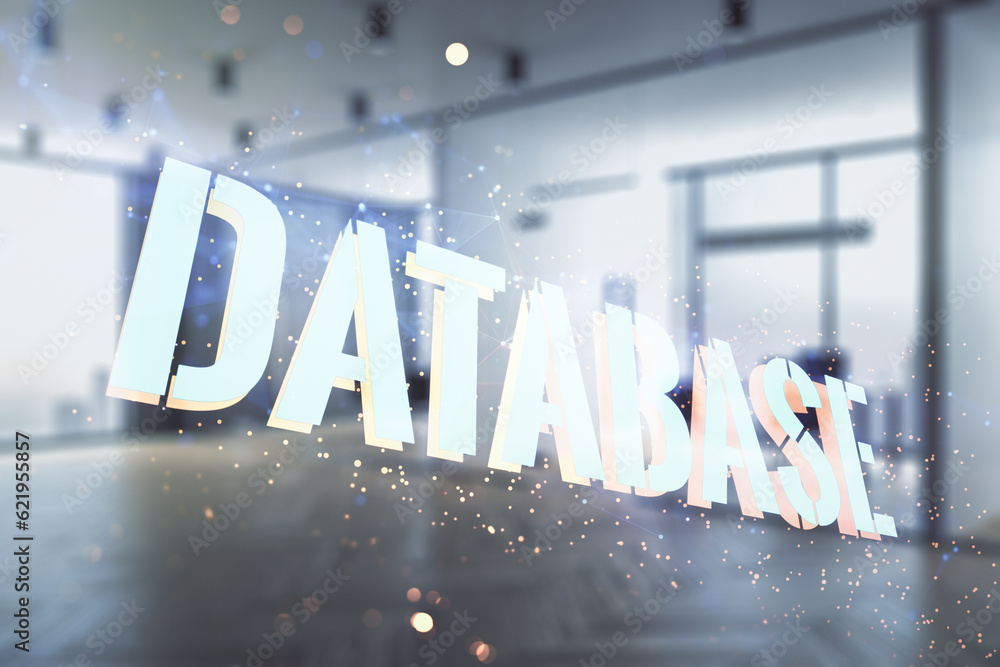 Poster double exposure of database word sign on a modern furnished office background, global research and a