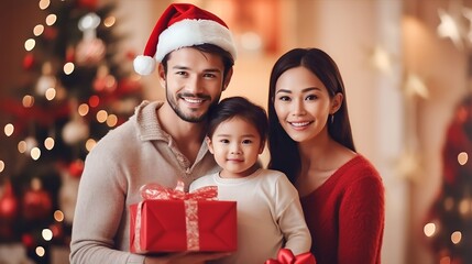 Fototapeta na wymiar portrait happy family with christmas outfit holding red gift box with a defocused christmas tree background