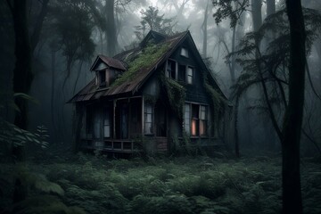 Abandoned House in Misty Forest - Generative AI