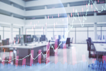 Multi exposure of virtual creative financial graph and world map on a modern furnished office background, forex and investment concept