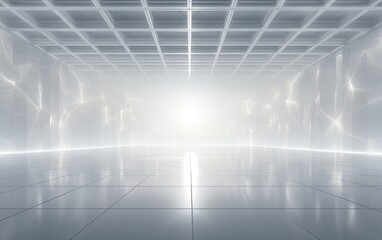 A white 3D space with a light shining above it.
