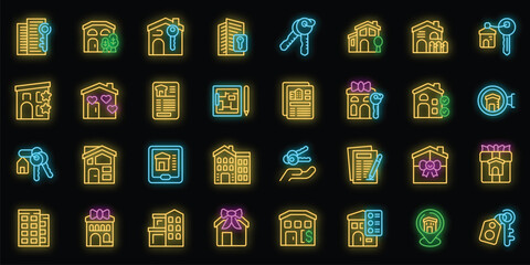 New home icons set outline vector. House family. Loan money neon color on black