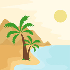 Fototapeta na wymiar Palm trees on the ocean. Tropical postcard with sea, mountains, beach