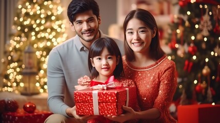 Fototapeta na wymiar portrait happy family with christmas outfit holding red gift box with a defocused christmas tree background