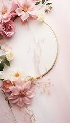 A chic flat lay scene, blend of pink marble and gold accents adorned with delicate floral arrangements and negative space for text or branding. Wedding card, voucher, birthday, menu. Generative AI. 