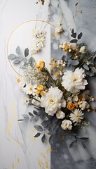 Floral flat lay exclusive arrangement on a marble texture. Design condolence card, farewell, menu, wallpaper, fashion events, celebrations, attractive illustration. Generative AI.