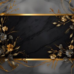 A grand composition of a black marble background with golden floral patterns, delicately positioned to provide ample negative space for your text or design elements. Condolence card. Generative AI. 