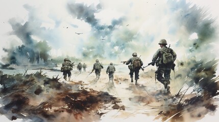 World war II battle scene illustration. AI Generative Art.