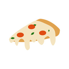 Slice of pizza with melted cheese. Cartoon vector illustration in a flat style. Illustration for the design of menus, postcards, clothing prints