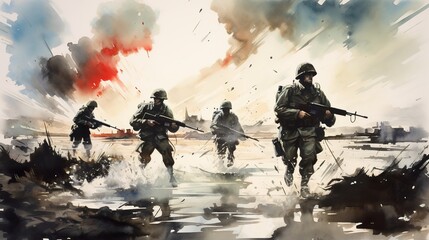 World war II battle scene illustration. AI Generative Art.