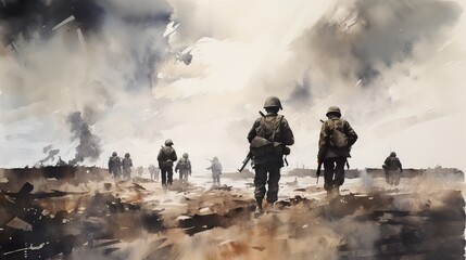 World war II battle scene illustration. AI Generative Art. - 621957436