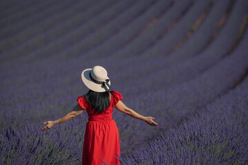 Woman in lavender flowers field at sunset in red dress. France, Provence. High quality photo
