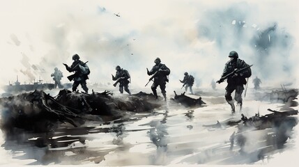 World war II battle scene illustration. AI Generative Art. - obrazy, fototapety, plakaty