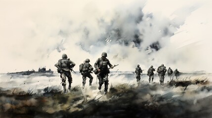 Fototapeta na wymiar World war II battle scene illustration. AI Generative Art.