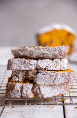 Sweet pumpkin bread with nuts and cranberries, traditional autumn dessert