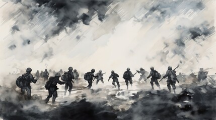 Fototapeta na wymiar World war II battle scene illustration. AI Generative Art.