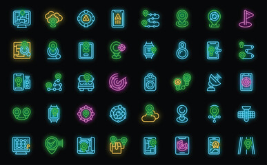 GPS tracker icons set outline vector. Car geolocation. Navigation city neon color on black