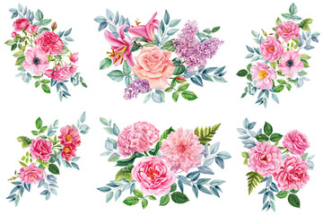 Set of flowers isolated on white background. Hand-drawn in watercolor, Summer bouquet of delicate flowers
