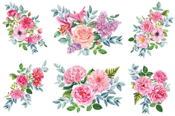 Rolgordijnen Set of flowers isolated on white background. Hand-drawn in watercolor, Summer bouquet of delicate flowers © Hanna