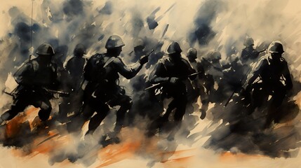 World war II battle scene illustration. AI Generative Art.