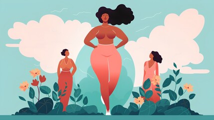 Concept of Love Yourself, Self Esteem, Plus Size, Self Love, and Body Positivity is powerfully encapsulated in a beautiful image of a plus size woman confidently celebrating her body. Generative AI