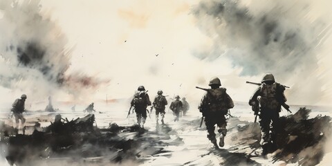 World war II battle scene illustration. AI Generative Art.